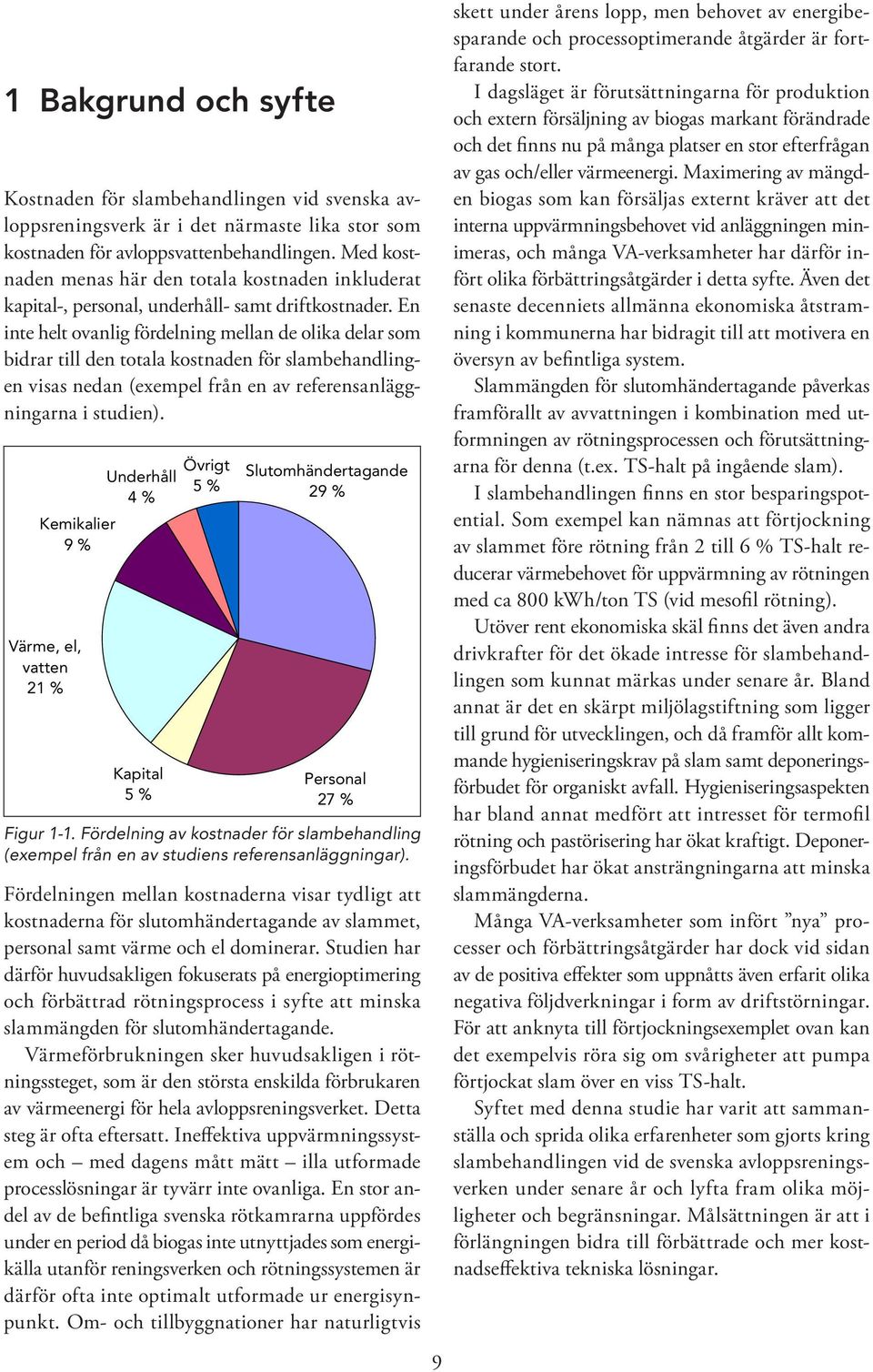 En inte helt ovanlig fördelning mellan de olika delar som bidrar till den totala kostnaden för slambehandlingen visas nedan (exempel från en av referensanläggningarna i studien).