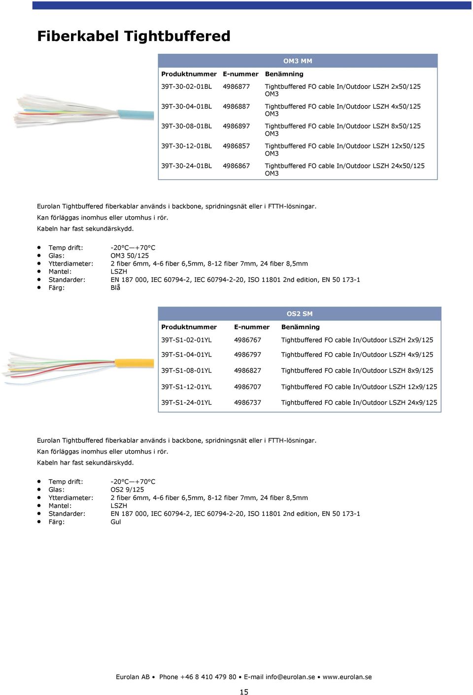 24x50/125 OM3 Eurolan Tightbuffered fiberkablar används i backbone, spridningsnät eller i FTTH-lösningar. Kan förläggas inomhus eller utomhus i rör. Kabeln har fast sekundärskydd.