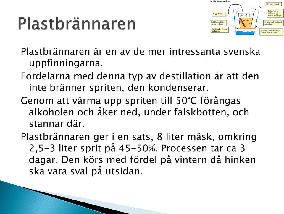 Genom att värma upp spriten till 50 C förångas alkoholen och åker ned, under falskbotten, och stannar där.