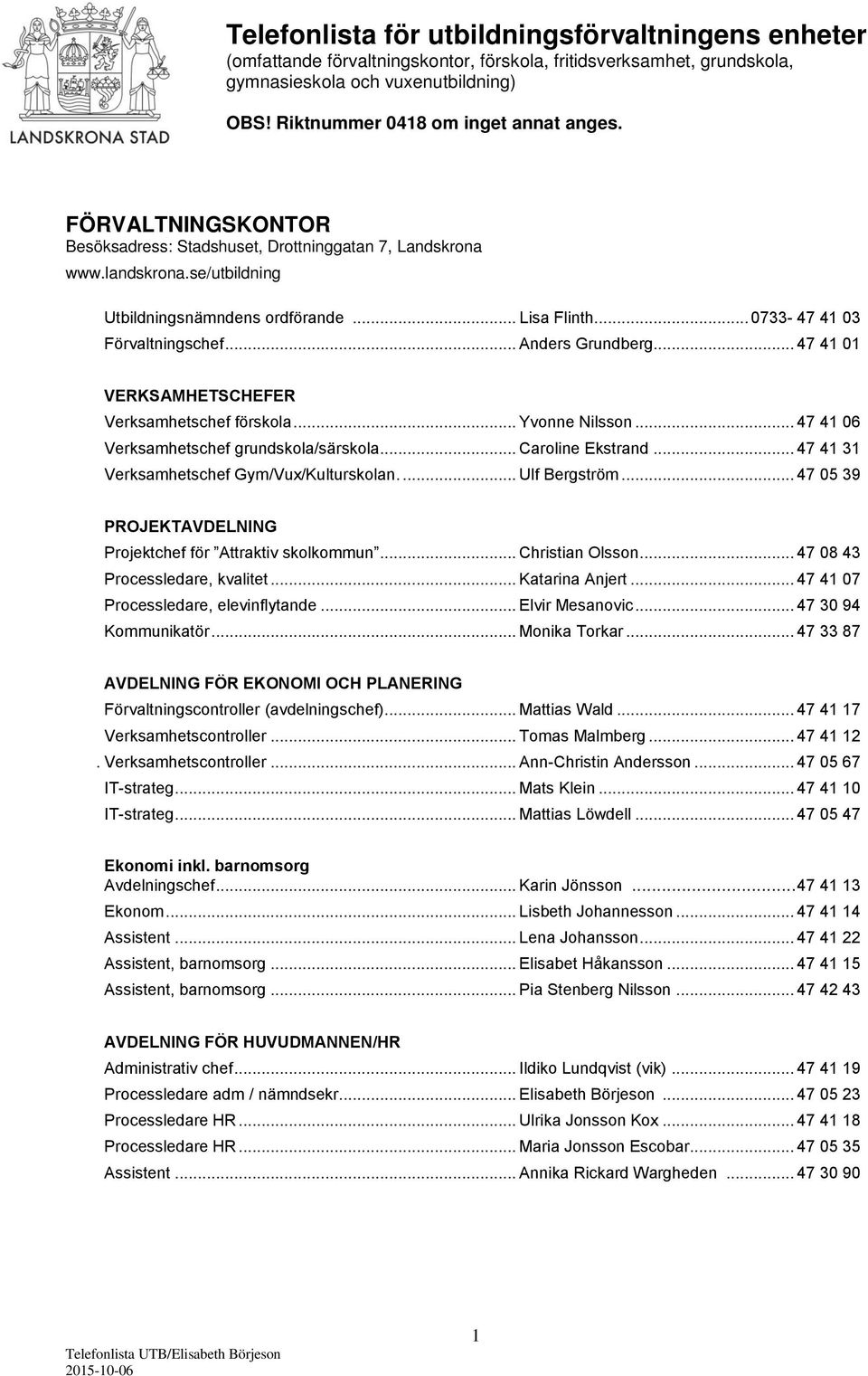 .. 0733-47 41 03 Förvaltningschef... Anders Grundberg... 47 41 01 VERKSAMHETSCHEFER Verksamhetschef förskola... Yvonne Nilsson... 47 41 06 Verksamhetschef grundskola/särskola... Caroline Ekstrand.