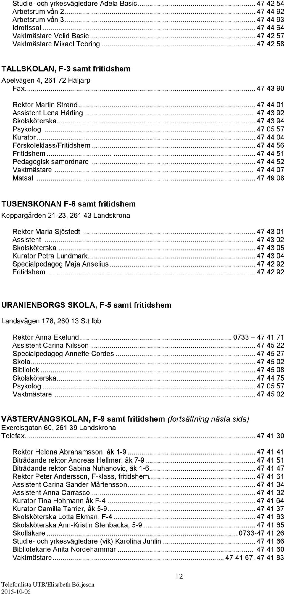 .. 47 05 57 Kurator... 47 44 04 Förskoleklass/Fritidshem... 47 44 56 Fritidshem...... 47 44 51 Pedagogisk samordnare... 47 44 52 Vaktmästare... 47 44 07 Matsal.