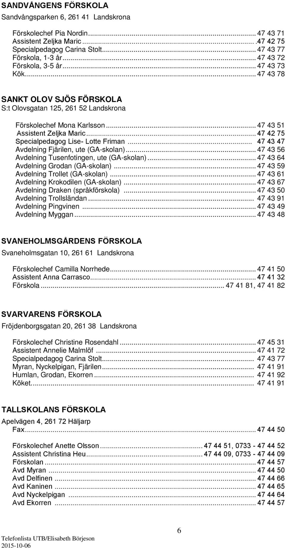 .. 47 42 75 Specialpedagog Lise- Lotte Friman... 47 43 47 Avdelning Fjärilen, ute (GA-skolan)... 47 43 56 Avdelning Tusenfotingen, ute (GA-skolan)... 47 43 64 Avdelning Grodan (GA-skolan).