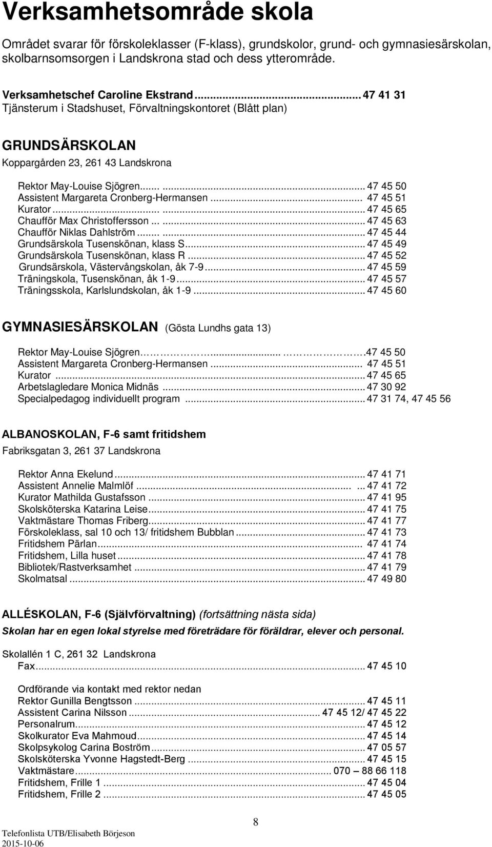 ..... 47 45 50 Assistent Margareta Cronberg-Hermansen... 47 45 51 Kurator...... 47 45 65 Chaufför Max Christoffersson...... 47 45 63 Chaufför Niklas Dahlström.