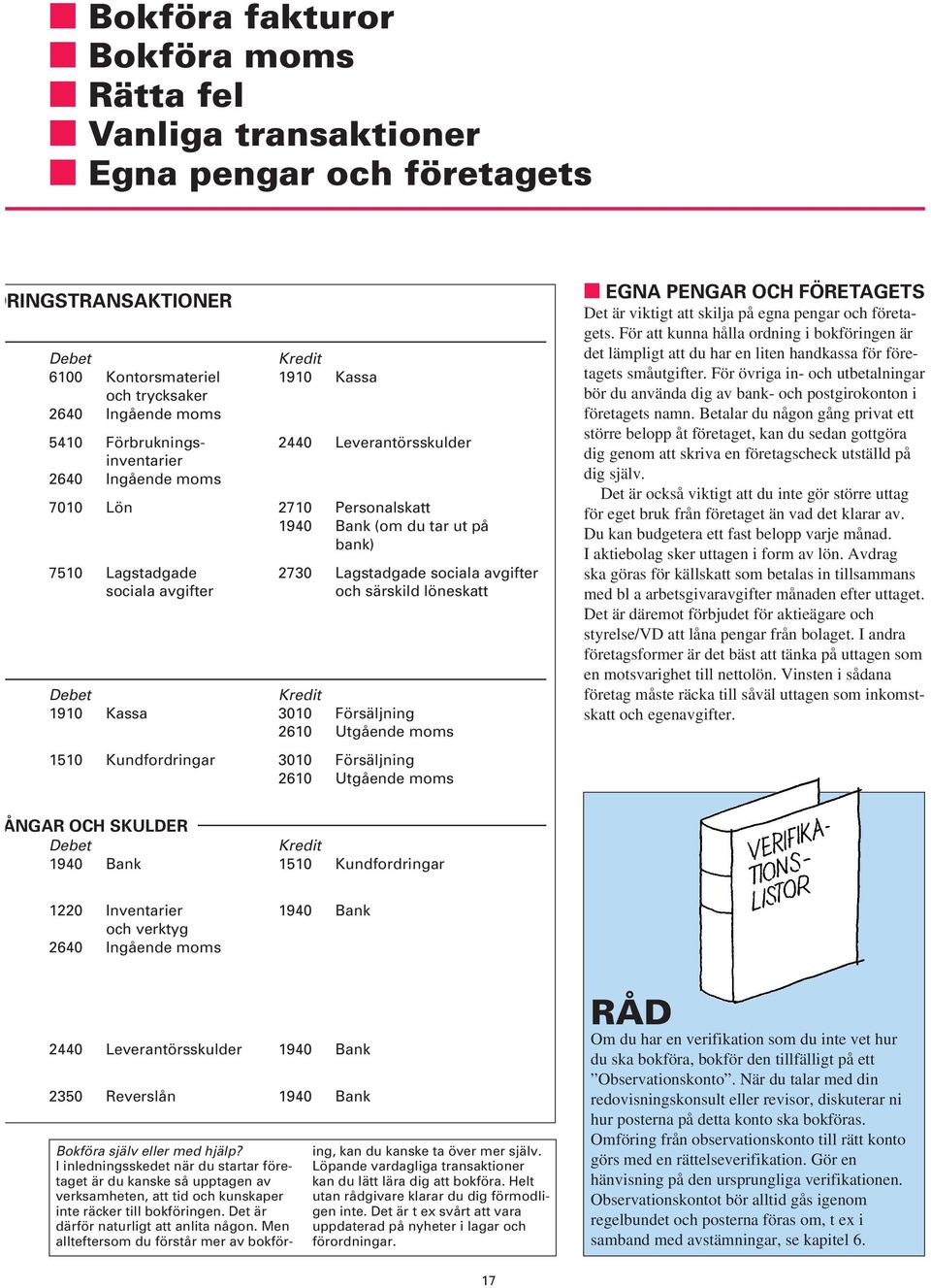 Lagstadgade sociala avgifter och särskild löneskatt Kredit 3010 Försäljning 2610 Utgående moms 3010 Försäljning 2610 Utgående moms EGNA PENGAR OCH FÖRETAGETS Det är viktigt att skilja på egna pengar