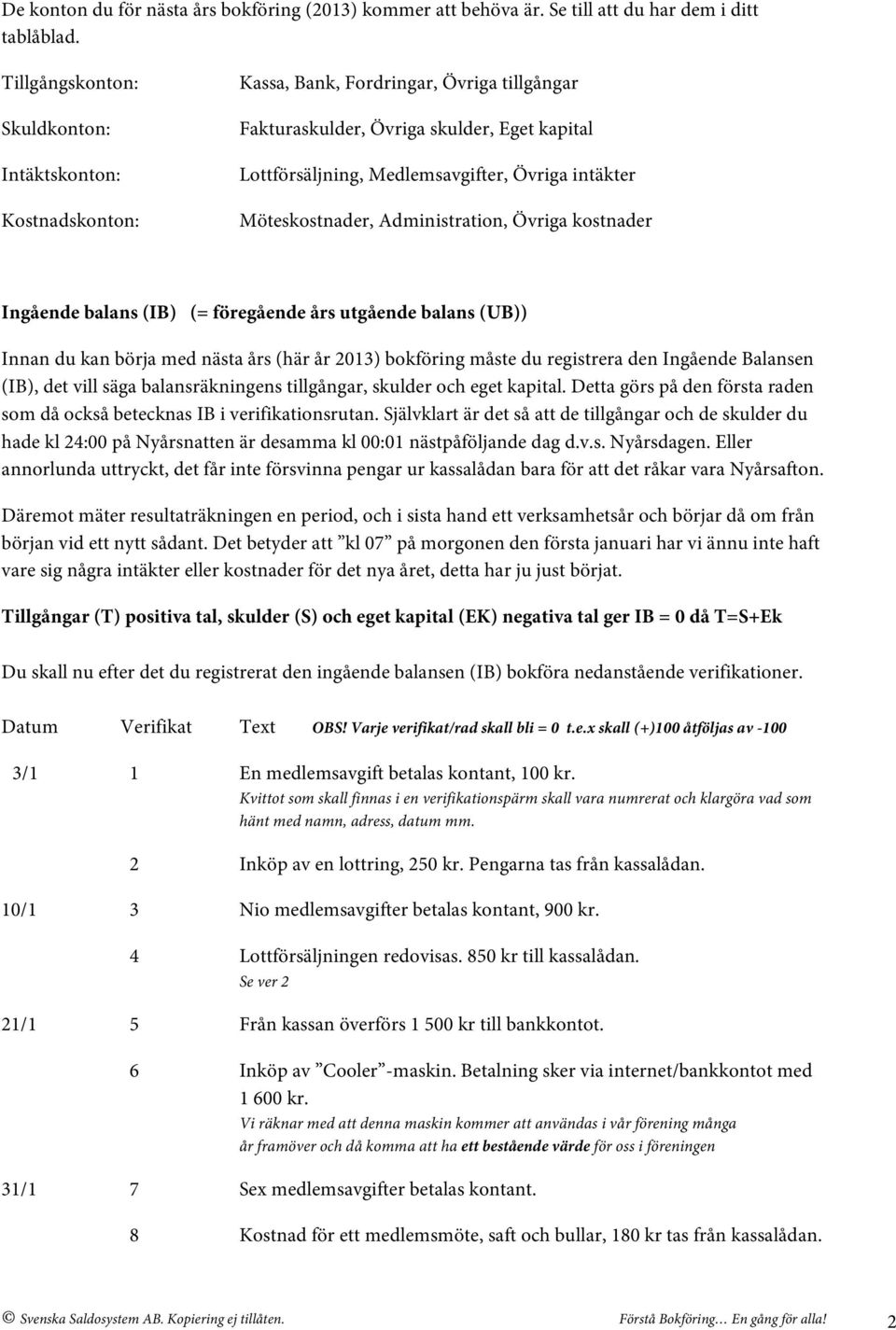 Möteskostnader, Administration, Övriga kostnader Ingående balans (IB) (= föregående års utgående balans (UB)) Innan du kan börja med nästa års (här år 2013) bokföring måste du registrera den Ingående