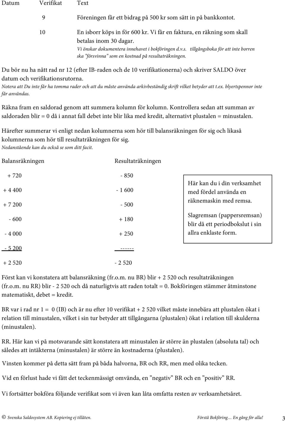 Du bör nu ha nått rad nr 12 (efter IB-raden och de 10 verifikationerna) och skriver SALDO över datum och verifikationsrutorna.