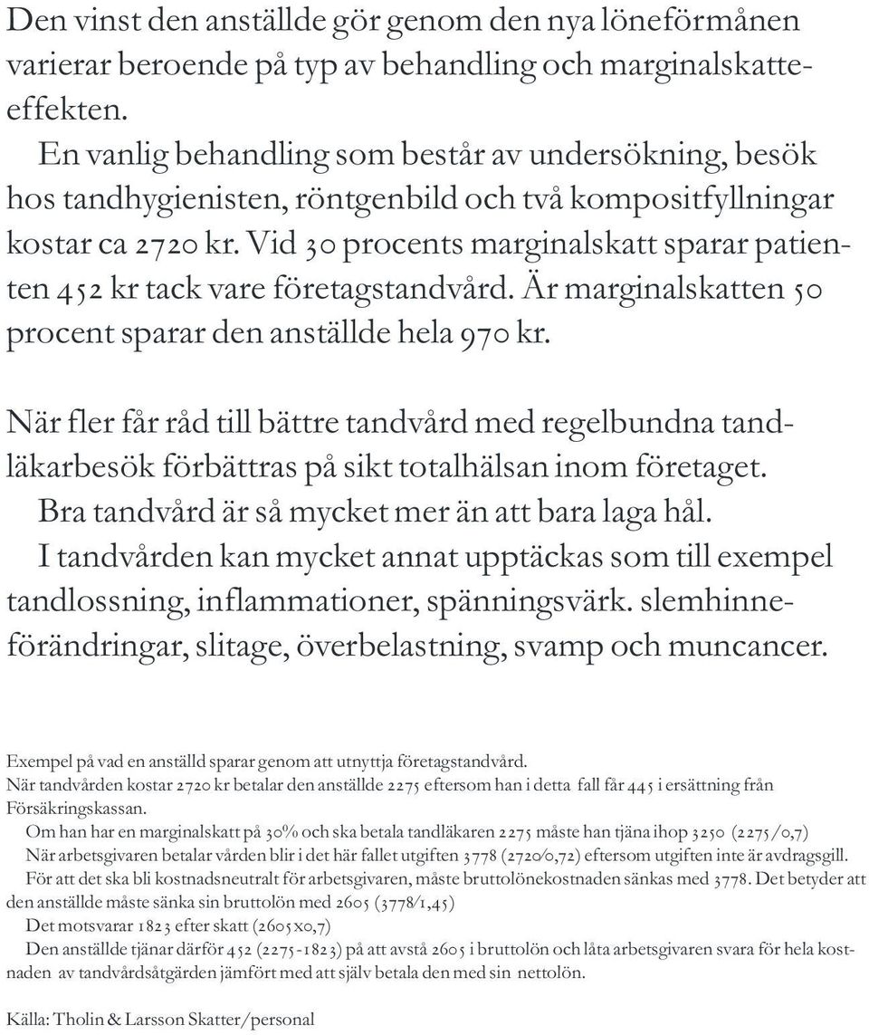 Vid 30 procents marginalskatt sparar patienten 452 kr tack vare företagstandvård. Är marginalskatten 50 procent sparar den anställde hela 970 kr.