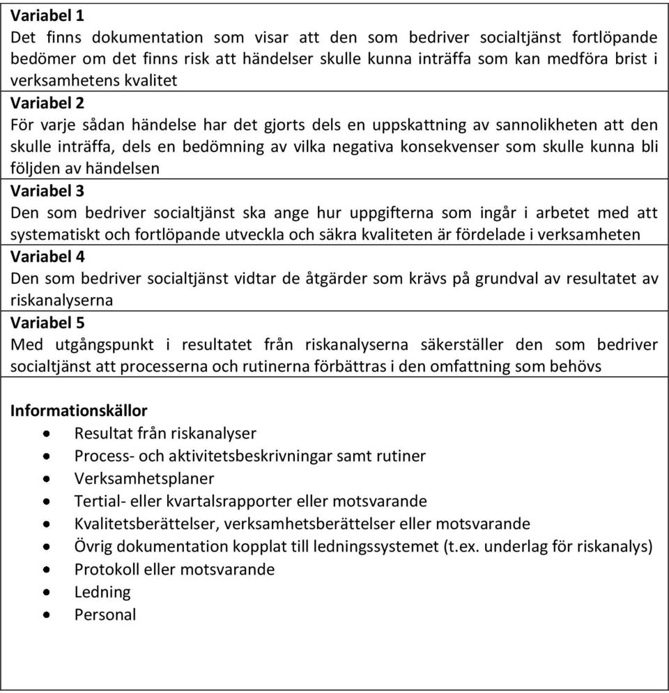 händelsen Variabel 3 Den som bedriver socialtjänst ska ange hur uppgifterna som ingår i arbetet med att systematiskt och fortlöpande utveckla och säkra kvaliteten är fördelade i verksamheten Variabel