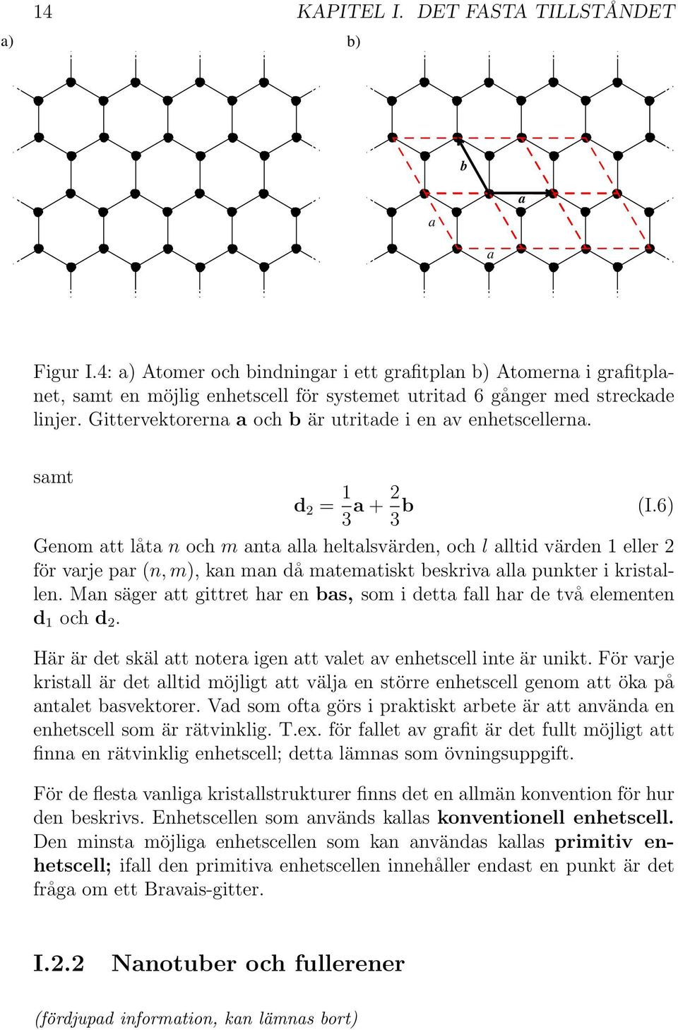 Gittervektorerna a och b är utritade i en av enhetscellerna. samt d 2 = 1 3 a + 2 3 b (I.