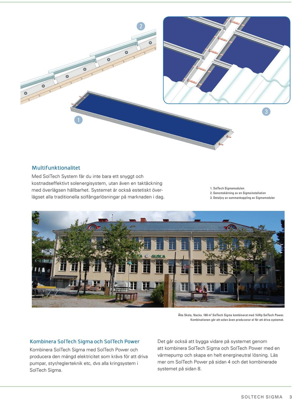 Detaljvy av sammankoppling av Sigmamoduler Älta Skola, Nacka. 160 m 2 SolTech Sigma kombinerat med 1kWp SolTech Power. Kombinationen gör att solen även producerar el för att driva systemet.