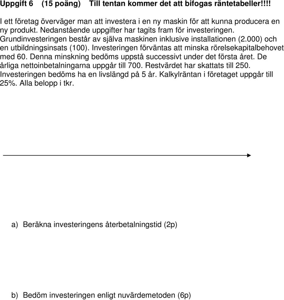 Investeringen förväntas att minska rörelsekapitalbehovet med 60. Denna minskning bedöms uppstå successivt under det första året. De årliga nettoinbetalningarna uppgår till 700.