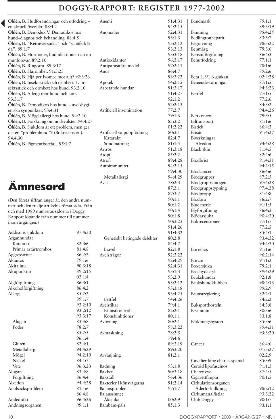 Insektsstick och ormbett hos hund. 93:2:10 Öhlén, B. Allergi mot hund och katt. 93:3:17 Öhlén, B. Demodikos hos hund avelshygieniska synpunkter. 93:4:31 Öhlén, B. Mögelallergi hos hund.