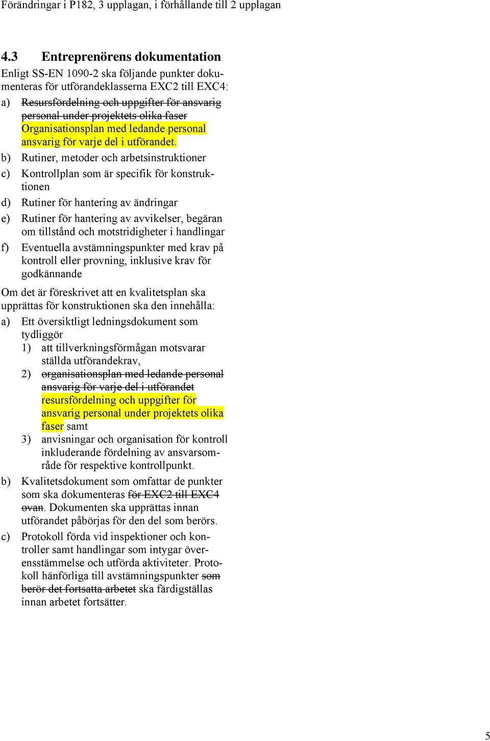 b) Rutiner, metoder och arbetsinstruktioner c) Kontrollplan som är specifik för konstruktionen d) Rutiner för hantering av ändringar e) Rutiner för hantering av avvikelser, begäran om tillstånd och