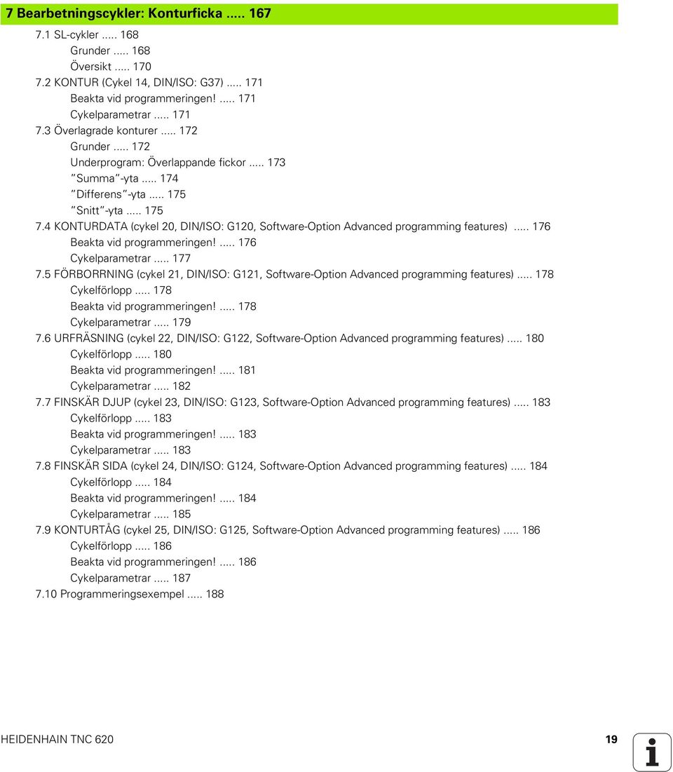 4 KONTURDATA (cykel 20, DIN/ISO: G120, Software-Option Advanced programming features)... 176 Beakta vid programmeringen!... 176 Cykelparametrar... 177 7.