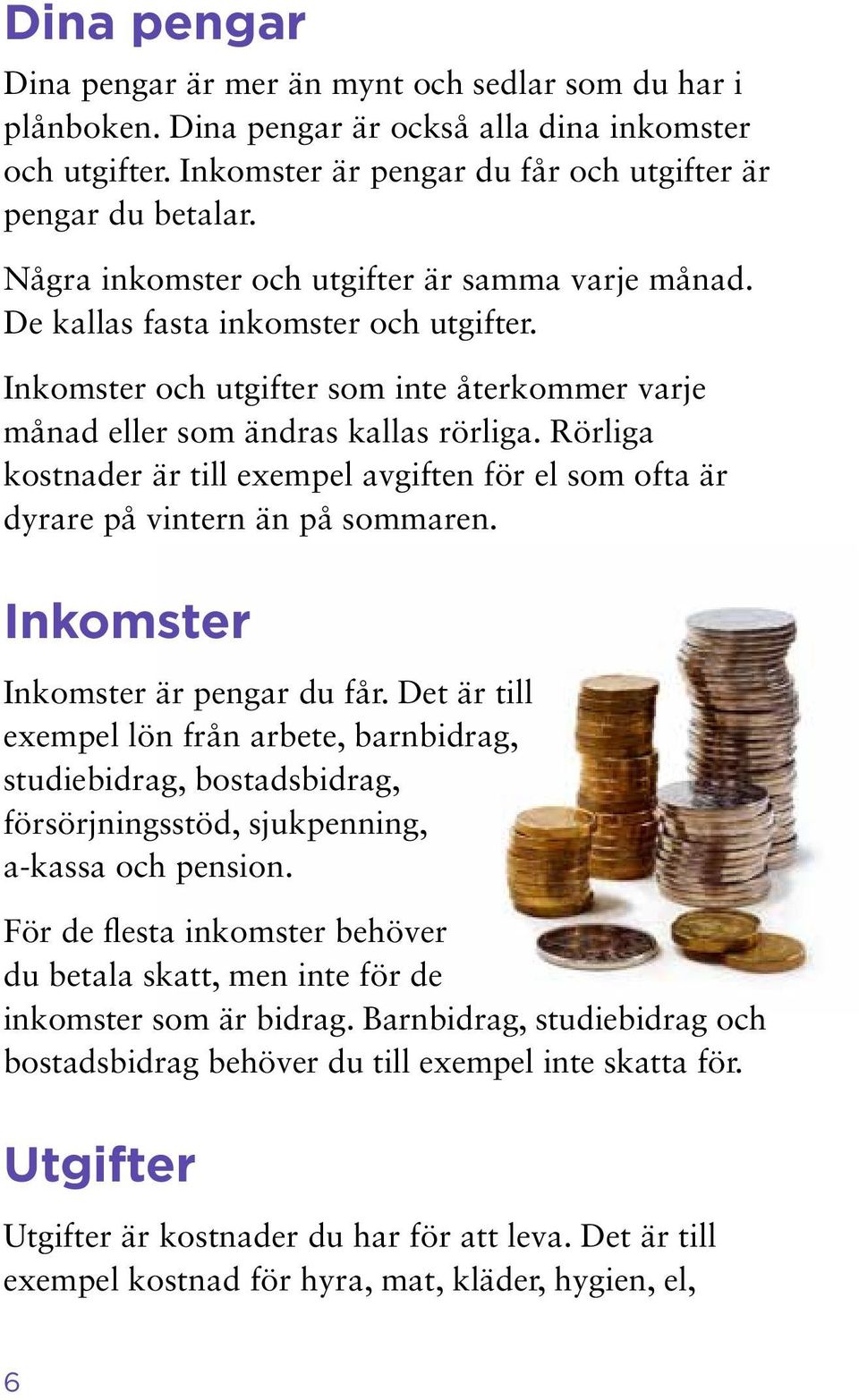 Rörliga kostnader är till exempel avgiften för el som ofta är dyrare på vintern än på sommaren. Inkomster Inkomster är pengar du får.