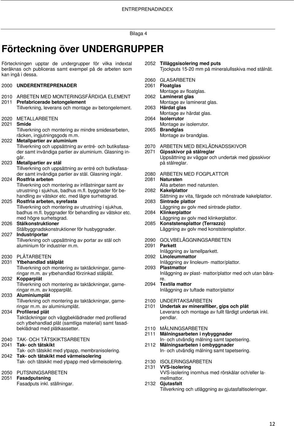 2020 METALLARBETEN 2021 Smide Tillverkning och montering av mindre smidesarbeten, räcken, ingjutningsgods m.m. 2022 Metallpartier av aluminium Tillverkning och uppsättning av entré- och butiksfasader samt invändiga partier av aluminium.