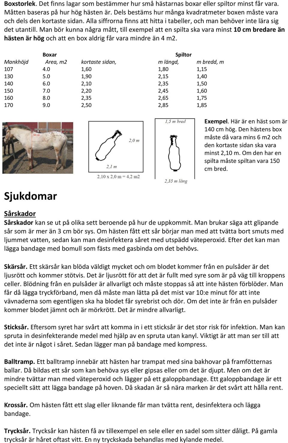 Man bör kunna några mått, till exempel att en spilta ska vara minst 10 cm bredare än hästen är hög och att en box aldrig får vara mindre än 4 m2.