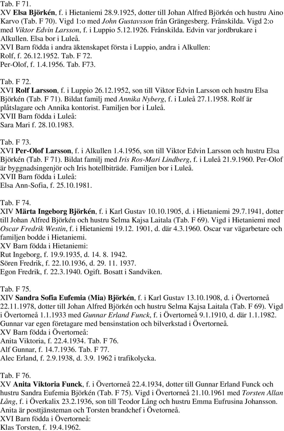 26.12.1952. Tab. F 72. Per-Olof, f. 1.4.1956. Tab. F73. Tab. F 72. XVI Rolf Larsson, f. i Luppio 26.12.1952, son till Viktor Edvin Larsson och hustru Elsa Björkén (Tab. F 71).