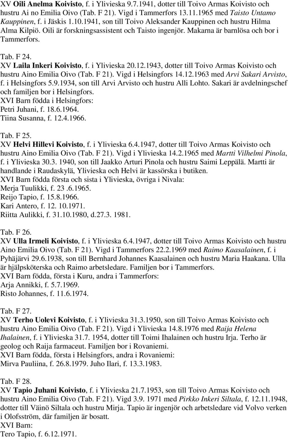 XV Laila Inkeri Koivisto, f. i Ylivieska 20.12.1943, dotter till Toivo Armas Koivisto och hustru Aino Emilia Oivo (Tab. F 21). Vigd i Helsingfors 14.12.1963 med Arvi Sakari Arvisto, f.