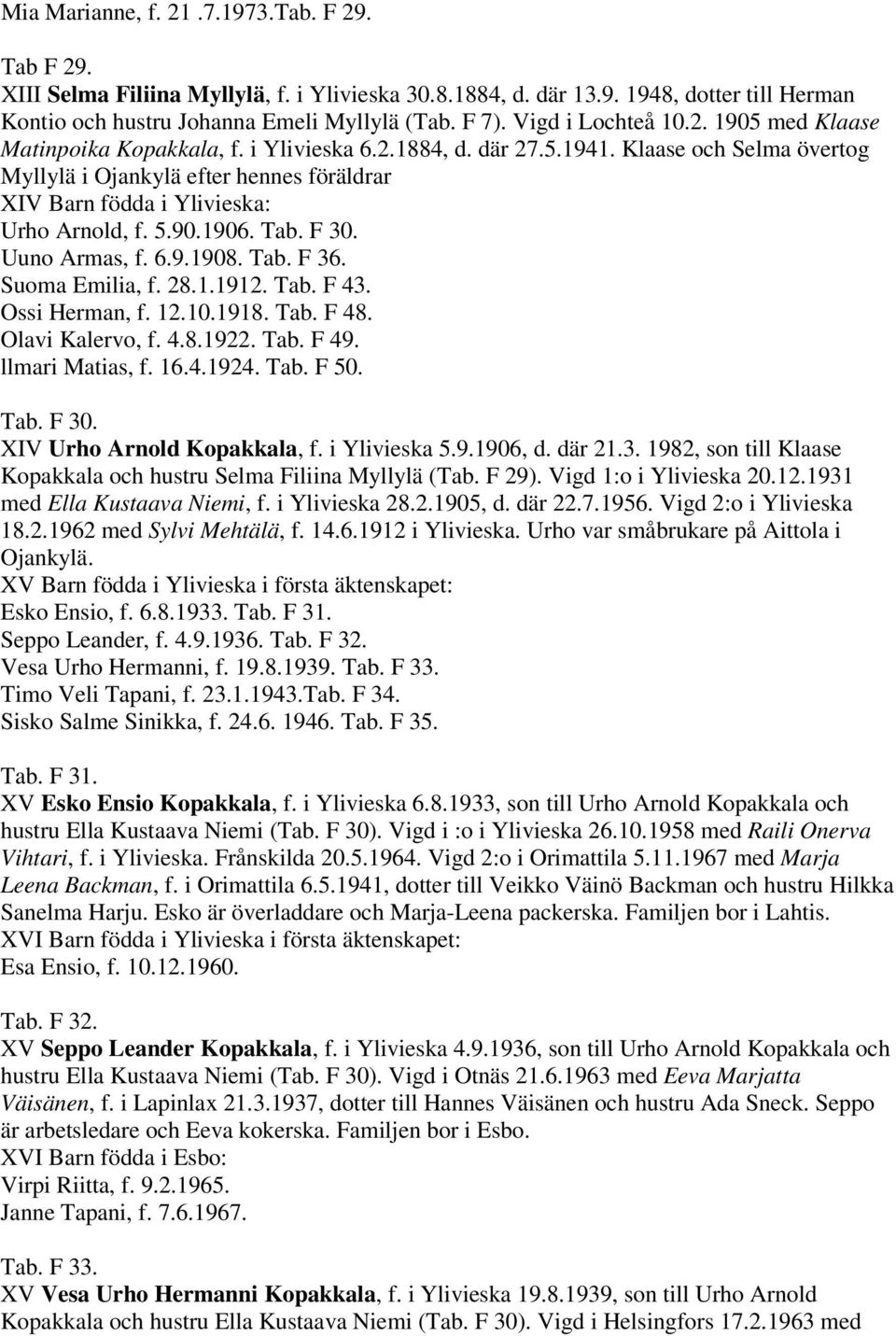 Klaase och Selma övertog Myllylä i Ojankylä efter hennes föräldrar XIV Barn födda i Ylivieska: Urho Arnold, f. 5.90.1906. Tab. F 30. Uuno Armas, f. 6.9.1908. Tab. F 36. Suoma Emilia, f. 28.1.1912.