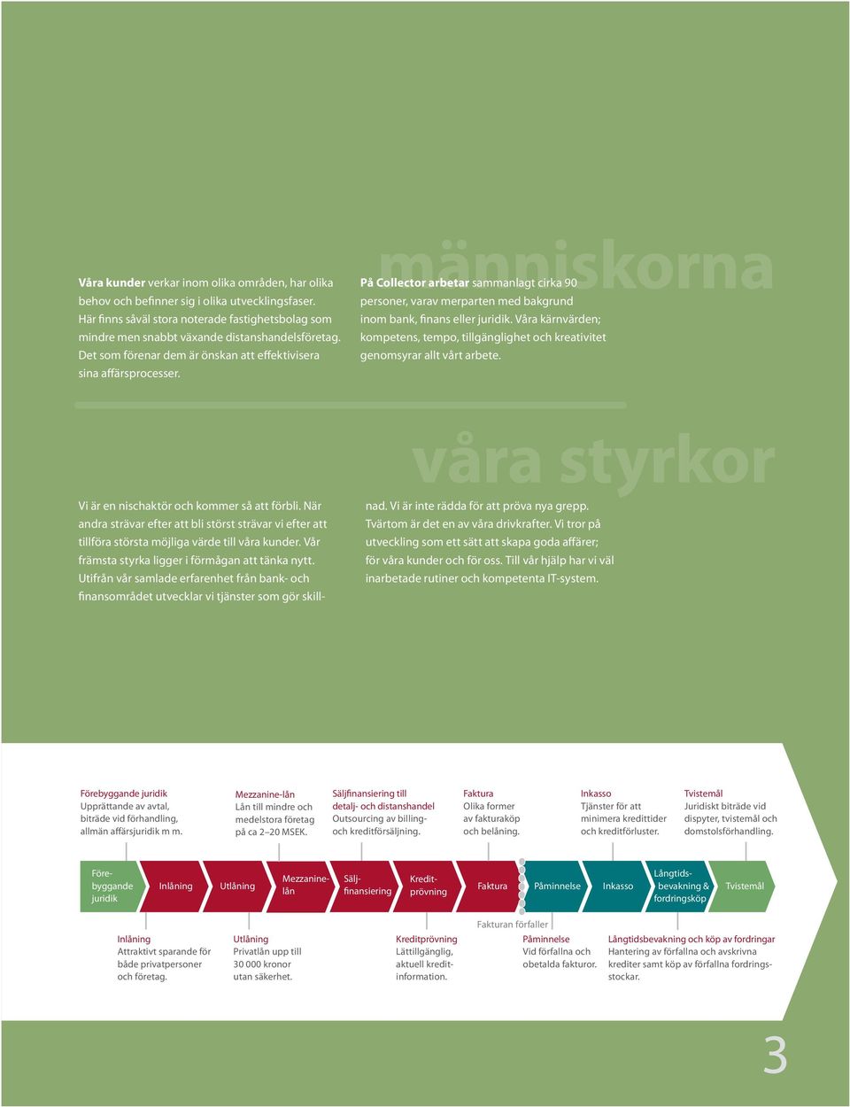 Våra kärnvärden; kompetens, tempo, tillgänglighet och kreativitet genomsyrar allt vårt arbete. Vi är en nischaktör och kommer så att förbli.