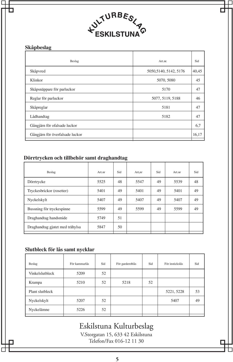 luckor 6,7 Gångjärn för överfalsade luckor 16,17 Dörrtrycken och tillbehör samt draghandtag Beslag Art.nr Sid Art,nr Sid Art.