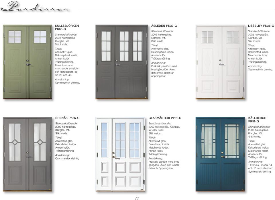 Osymmetrisk delning. BRENÄS PK35-G Vit. Osymmetrisk delning. GLASMÄSTERI PV31-G Matchande foder. Praktisk pardörr med bred gångdörr.