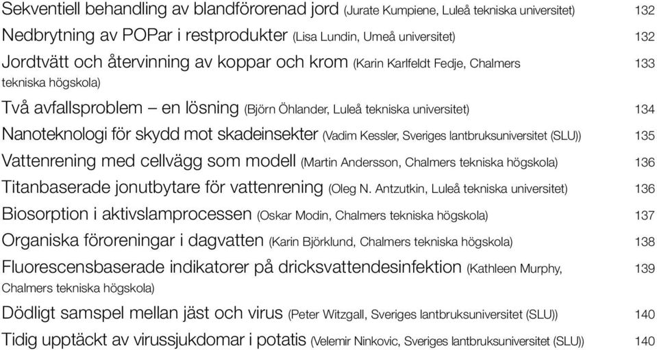 Sveriges lantbruksuniversitet (SLU)) Vattenrening med cellvägg som modell (Martin Andersson, Chalmers tekniska högskola) Titanbaserade jonutbytare för vattenrening (Oleg N.