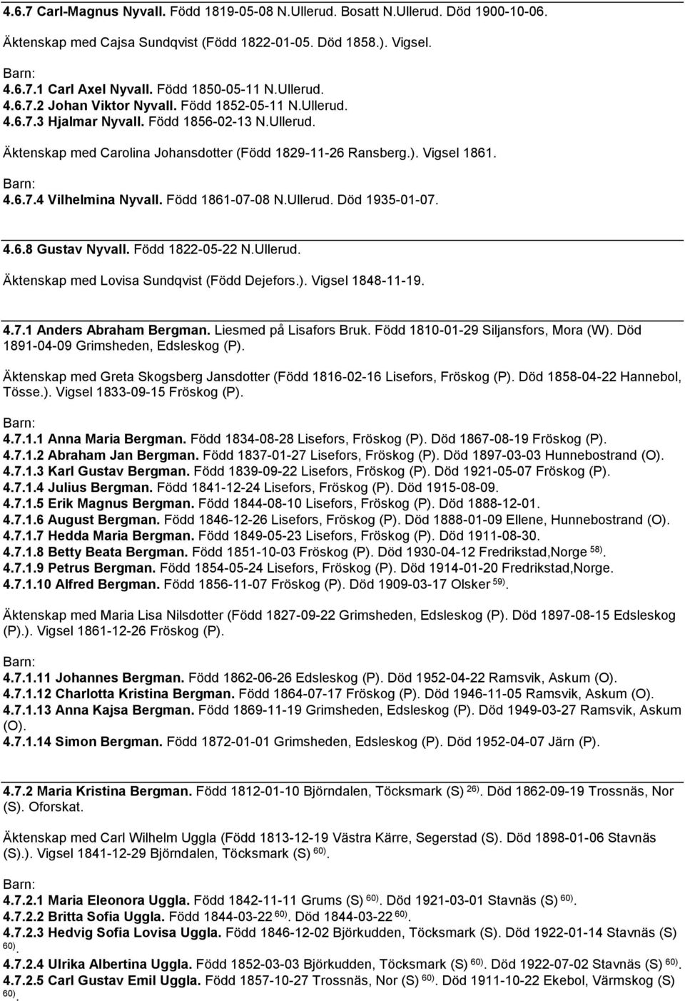 Född 1861-07-08 N.Ullerud. Död 1935-01-07. 4.6.8 Gustav Nyvall. Född 1822-05-22 N.Ullerud. Äktenskap med Lovisa Sundqvist (Född Dejefors.). Vigsel 1848-11-19. 4.7.1 Anders Abraham Bergman.