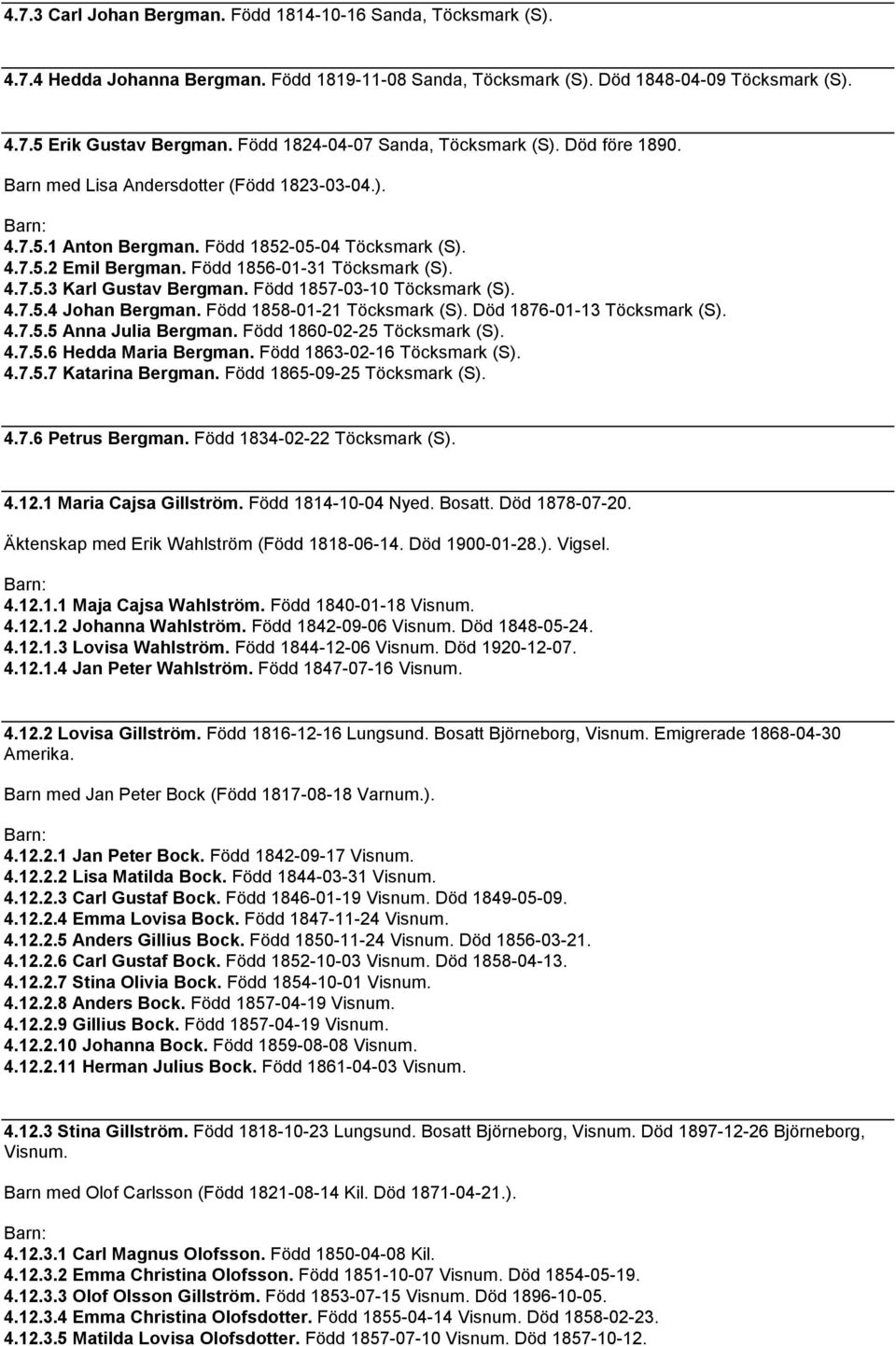Född 1856-01-31 Töcksmark (S). 4.7.5.3 Karl Gustav Bergman. Född 1857-03-10 Töcksmark (S). 4.7.5.4 Johan Bergman. Född 1858-01-21 Töcksmark (S). Död 1876-01-13 Töcksmark (S). 4.7.5.5 Anna Julia Bergman.