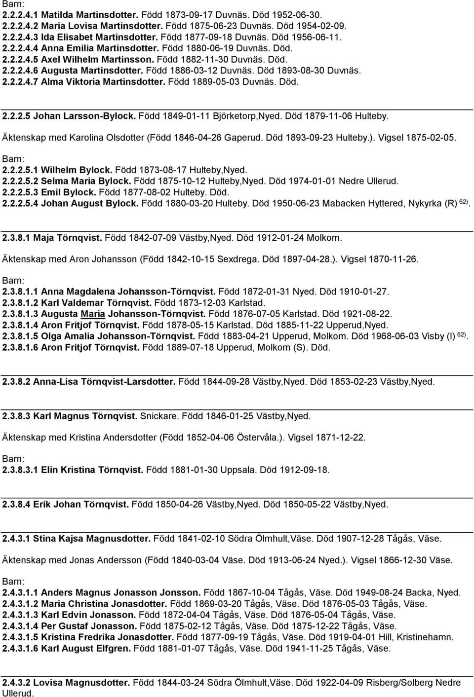 Född 1886-03-12 Duvnäs. Död 1893-08-30 Duvnäs. 2.2.2.4.7 Alma Viktoria Martinsdotter. Född 1889-05-03 Duvnäs. Död. 2.2.2.5 Johan Larsson-Bylock. Född 1849-01-11 Björketorp,Nyed.