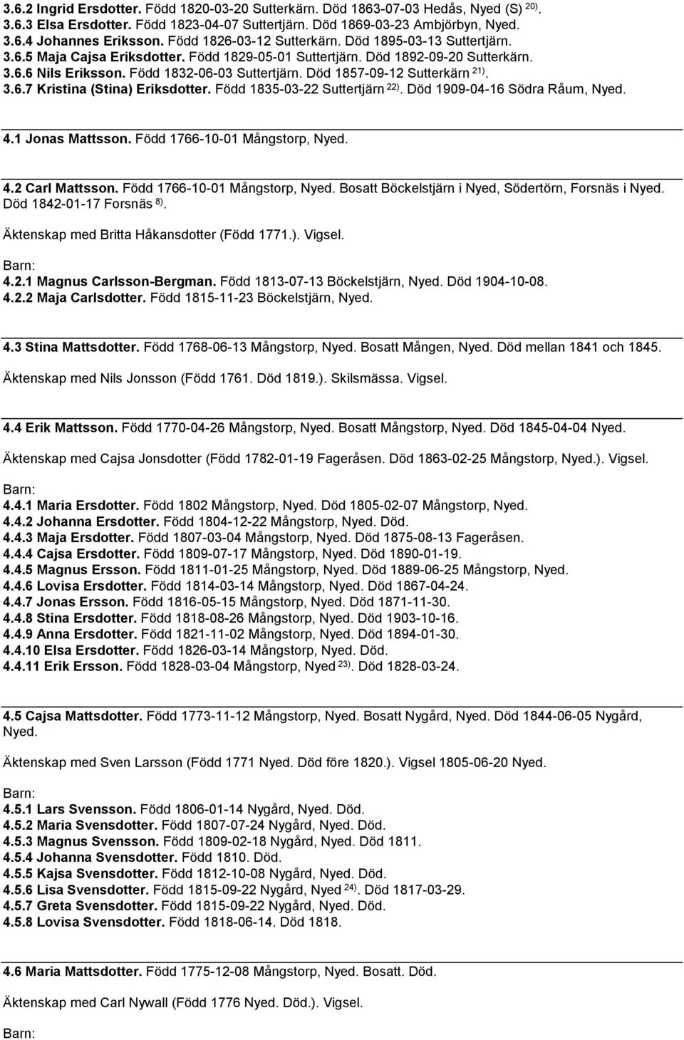 Död 1857-09-12 Sutterkärn 21). 3.6.7 Kristina (Stina) Eriksdotter. Född 1835-03-22 Suttertjärn 22). Död 1909-04-16 Södra Råum, Nyed. 4.1 Jonas Mattsson. Född 1766-10-01 Mångstorp, Nyed. 4.2 Carl Mattsson.