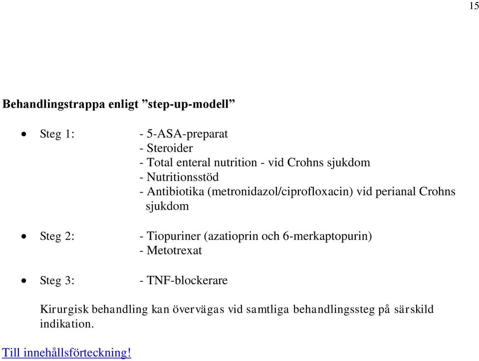 perianal Crohns sjukdom Steg 2: - Tiopuriner (azatioprin och 6-merkaptopurin) - Metotrexat Steg 3: