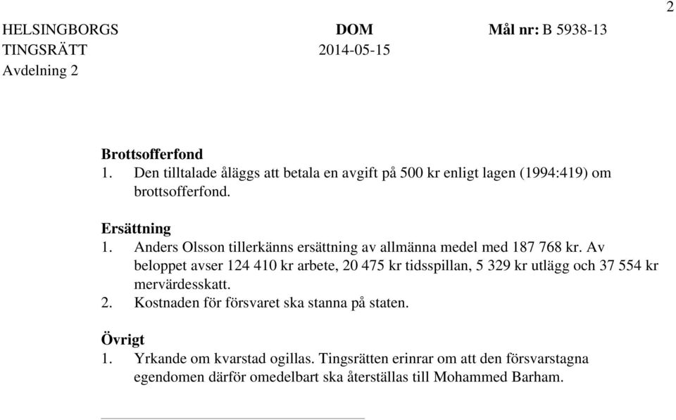 Av beloppet avser 124 410 kr arbete, 20 475 kr tidsspillan, 5 329 kr utlägg och 37 554 kr mervärdesskatt. 2. Kostnaden för försvaret ska stanna på staten.