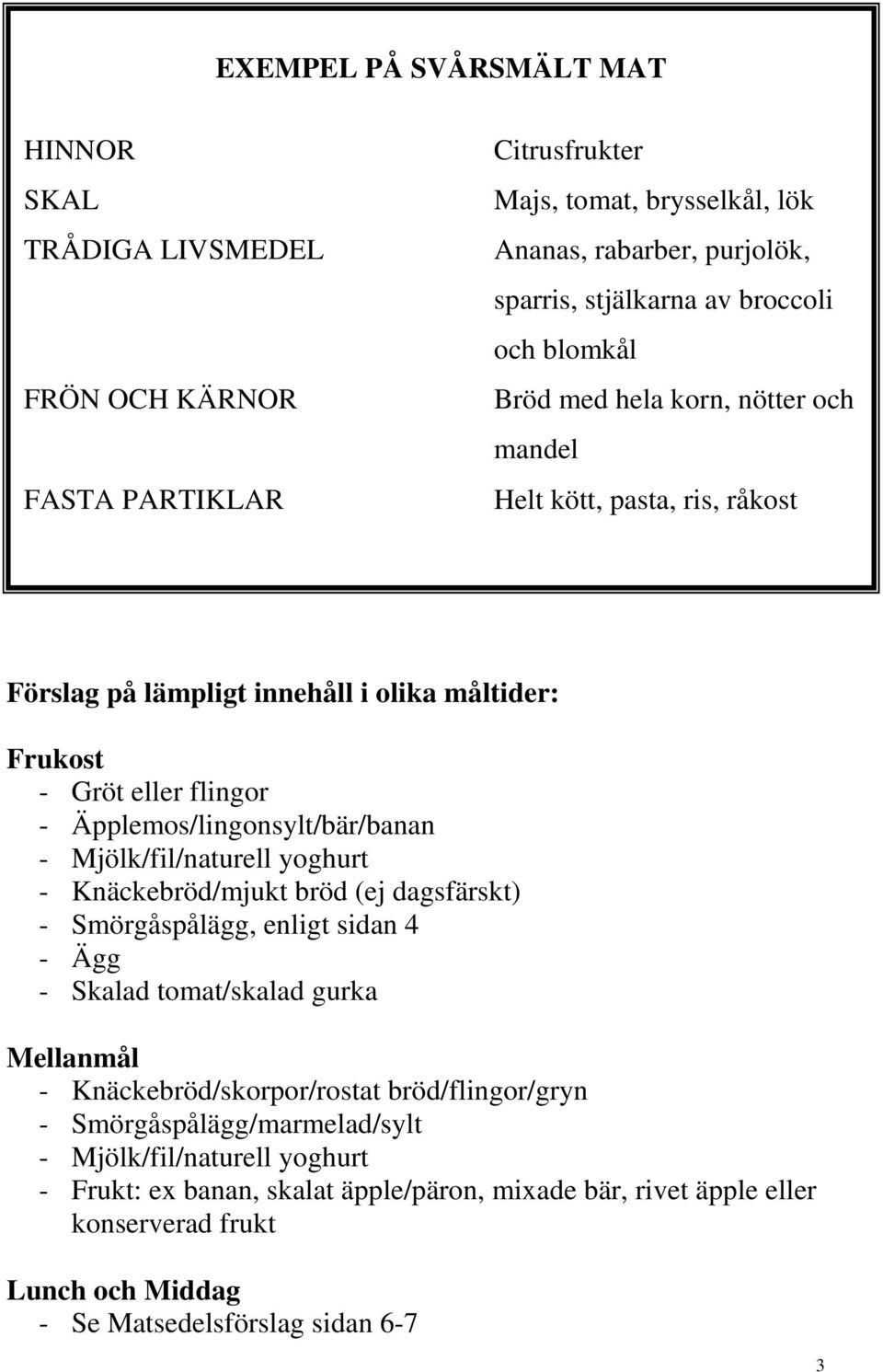 Mjölk/fil/naturell yoghurt - Knäckebröd/mjukt bröd (ej dagsfärskt) - Smörgåspålägg, enligt sidan 4 - Ägg - Skalad tomat/skalad gurka Mellanmål - Knäckebröd/skorpor/rostat bröd/flingor/gryn -