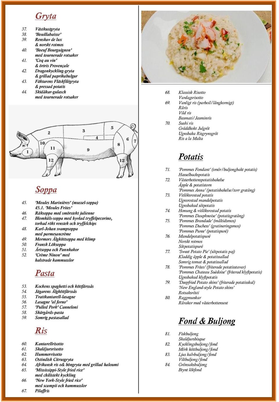 Vanligt ris (parboil/långkornigt) Råris Vild ris Basmati/Jasminris 70. Sushi ris Gräddkokt Julgröt Ugnsbaka Risgrynsgröt Ris a la Malta Potatis Soppa 45. Moules Marinières (mussel-soppa) 45.1.