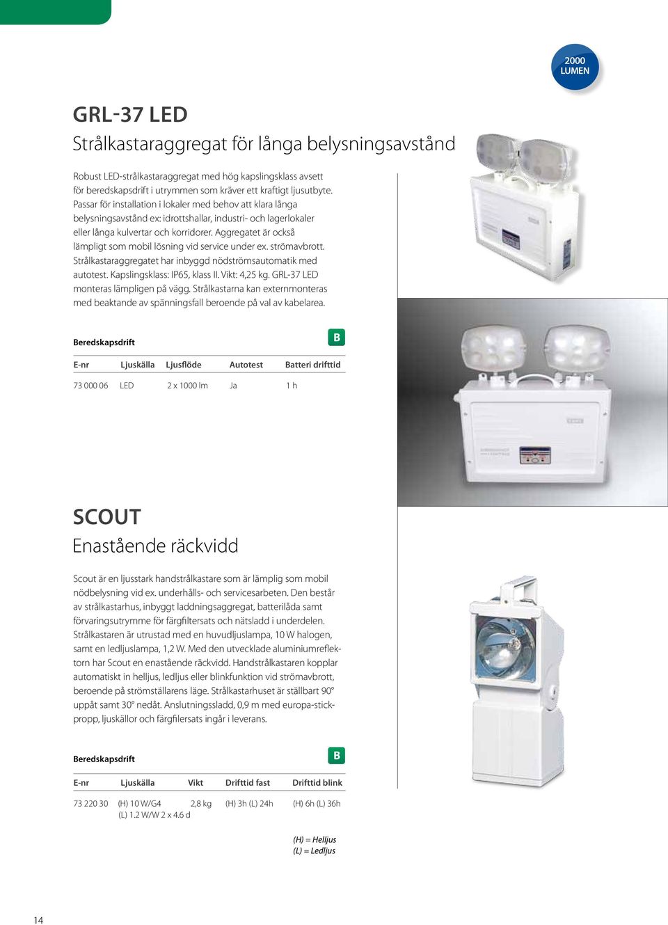 Aggregatet är också lämpligt som mobil lösning vid service under ex. strömavbrott. Strålkastaraggregatet har inbyggd nödströmsautomatik med autotest. Kapslingsklass: I65, klass II. Vikt: 4,25 kg.