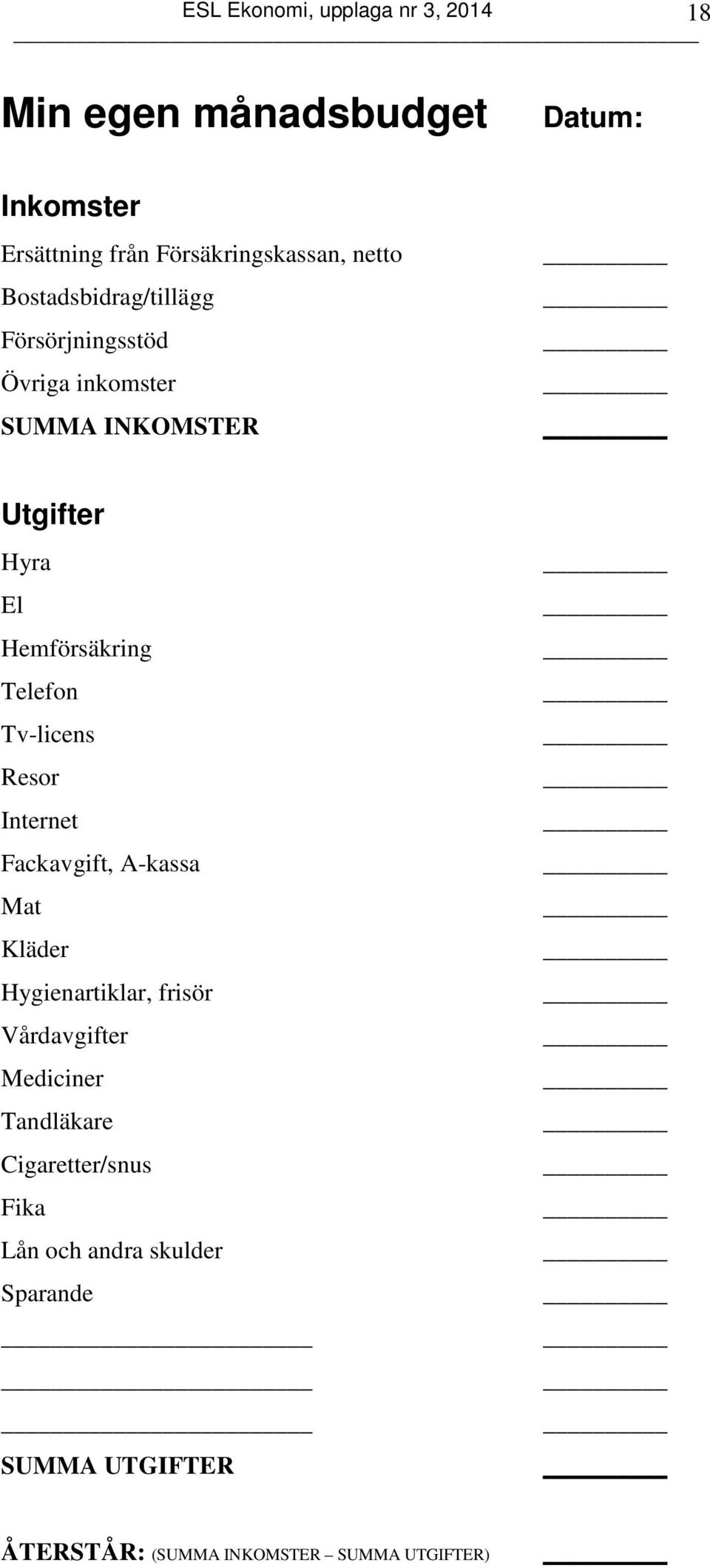 Telefon Tv-licens Resor Internet Fackavgift, A-kassa Mat Kläder Hygienartiklar, frisör Vårdavgifter