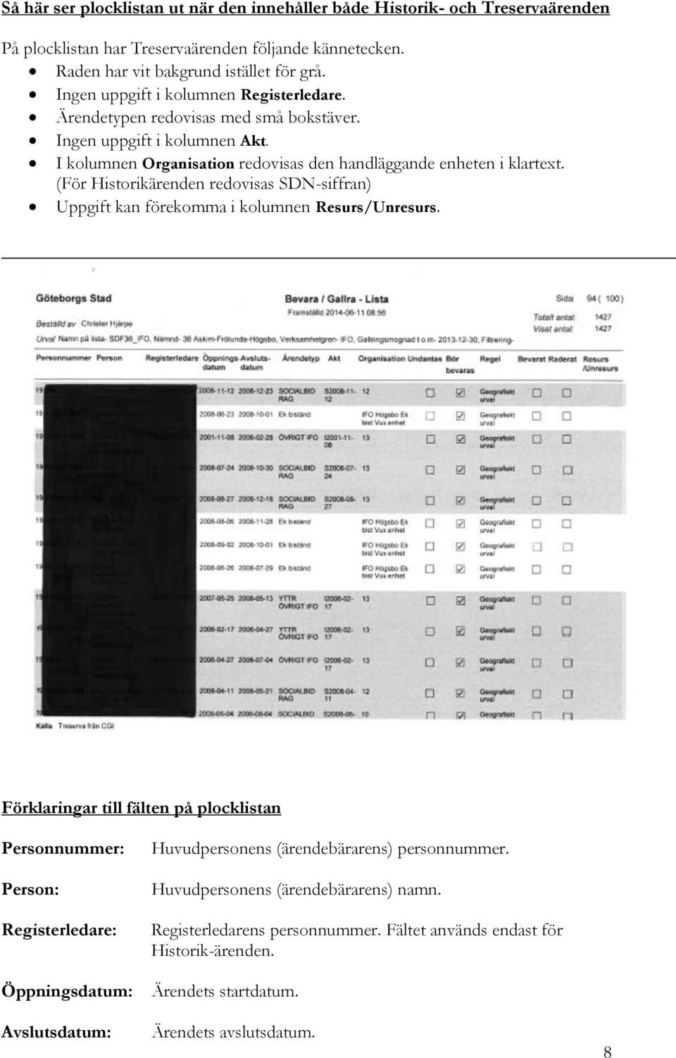 (För Historikärenden redovisas SDN-siffran) Uppgift kan förekomma i kolumnen Resurs/Unresurs.