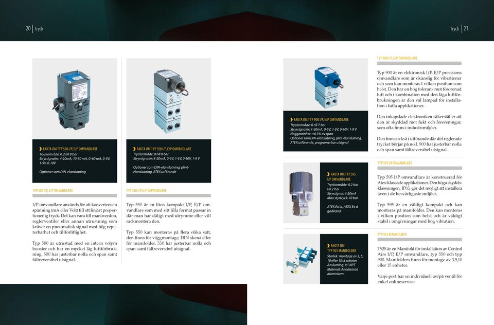 Typ 500 I/P, E/P Omvandlare Tryckområde: 0,2 till 8 bar Stryrsignaler: 4-20mA, 10-50 ma, 0-60 ma, 0-5V, 1-9V, 0-10V Optioner som DIN-elanslutning Typ 500 I/P, E/P Omvandlare Typ 550 I/P, E/P