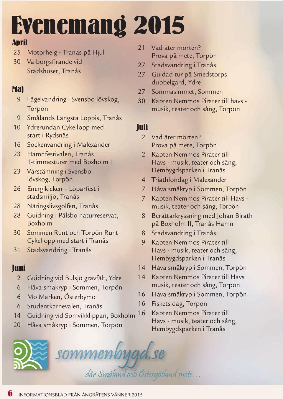 Näringslivsgolfen, Tranås 28 Guidning i Pålsbo naturreservat, Boxholm 30 Sommen Runt och Torpön Runt Cykellopp med start i Tranås 31 Stadsvandring i Tranås Juni 2 Guidning vid Bulsjö gravfält, Ydre 6