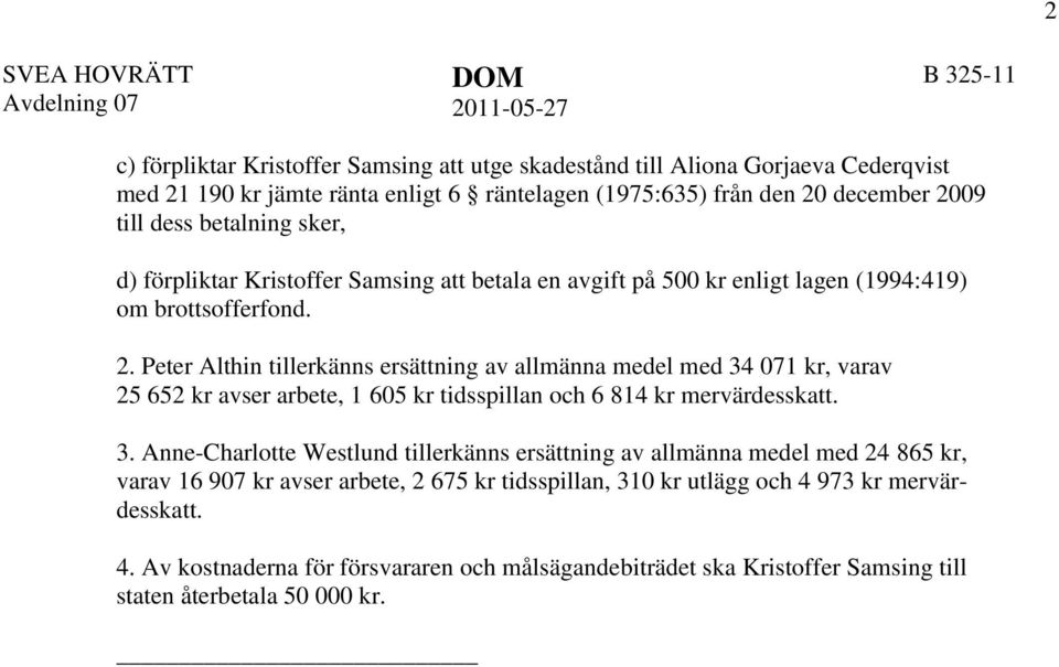 3. Anne-Charlotte Westlund tillerkänns ersättning av allmänna medel med 24 865 kr, varav 16 907 kr avser arbete, 2 675 kr tidsspillan, 310 kr utlägg och 4 