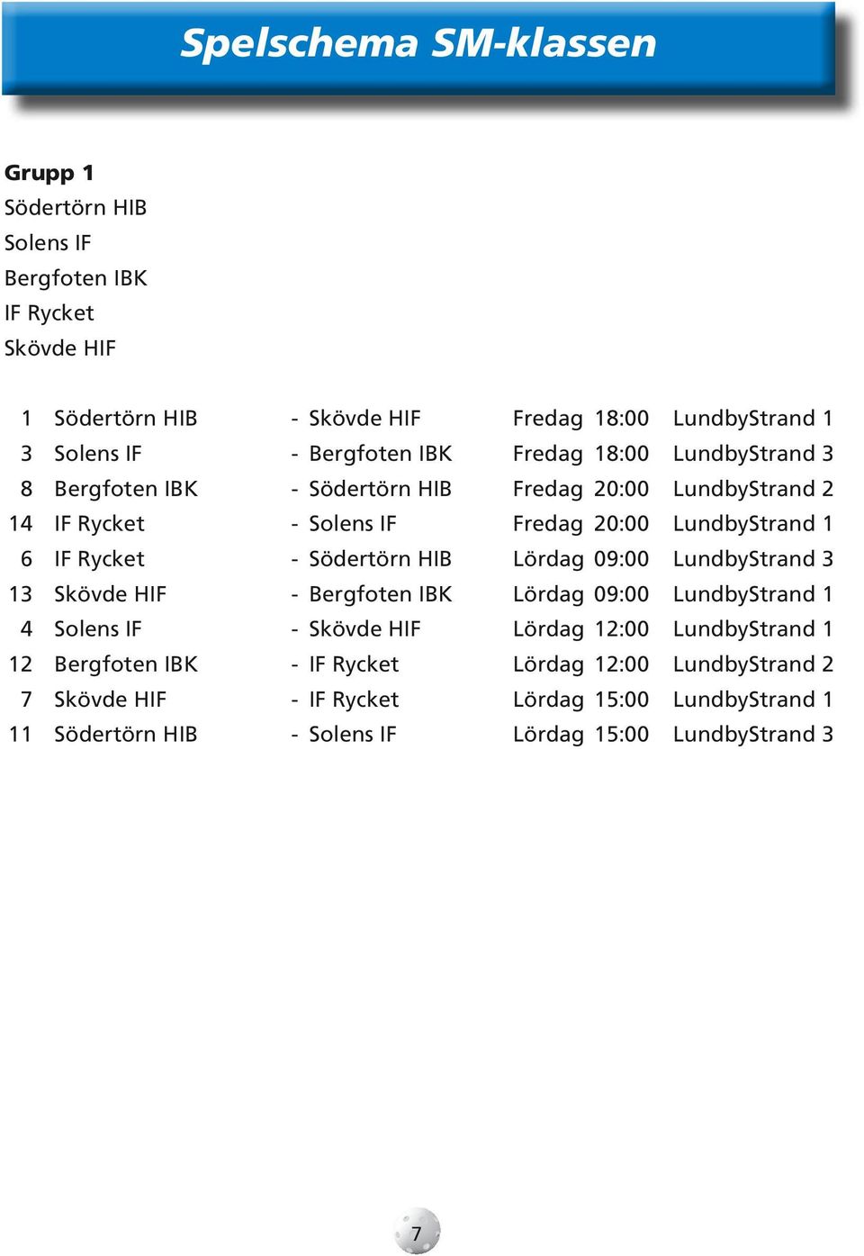 Rycket - Södertörn HIB Lördag 09:00 LundbyStrand 3 13 Skövde HIF - Bergfoten IBK Lördag 09:00 LundbyStrand 1 4 Solens IF - Skövde HIF Lördag 12:00 LundbyStrand 1