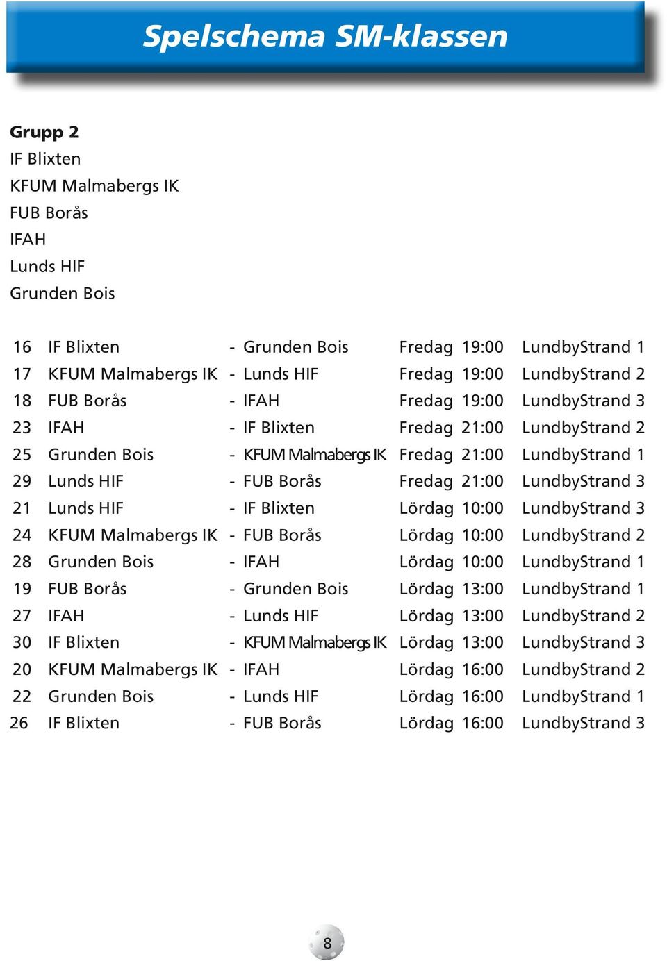 FUB Borås Fredag 21:00 LundbyStrand 3 21 Lunds HIF - IF Blixten Lördag 10:00 LundbyStrand 3 24 KFUM Malmabergs IK - FUB Borås Lördag 10:00 LundbyStrand 2 28 Grunden Bois - IFAH Lördag 10:00