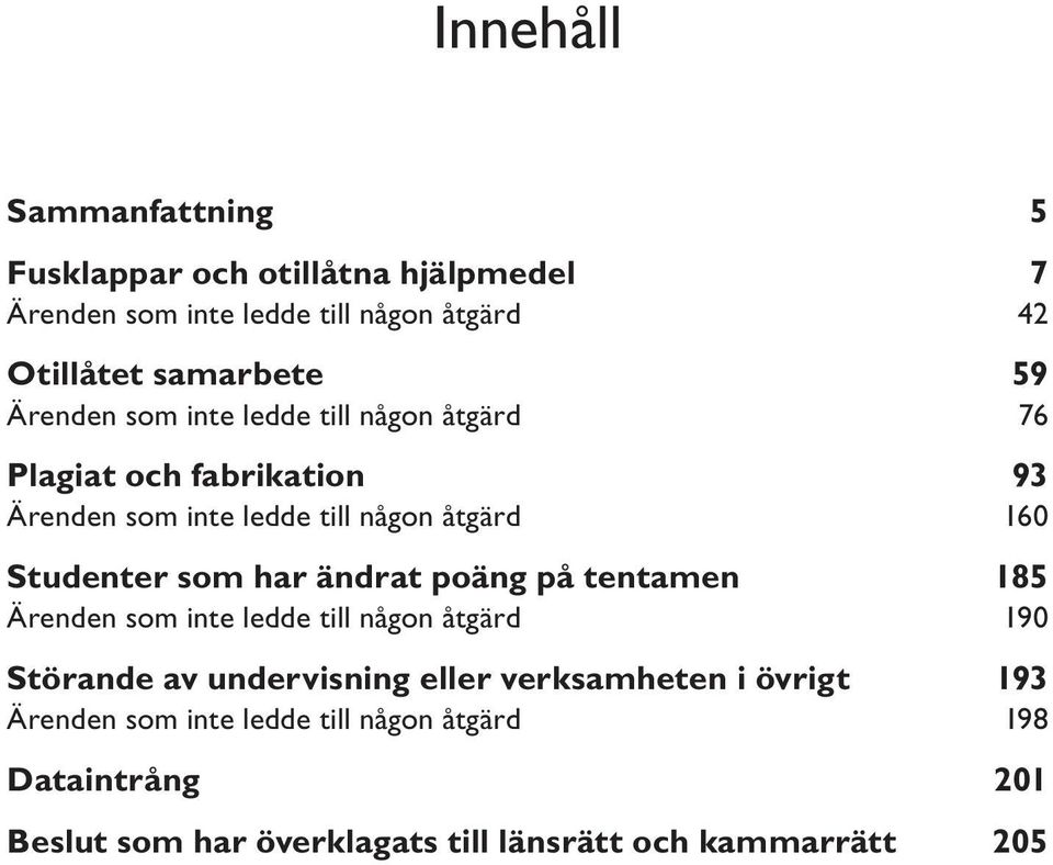 som har ändrat poäng på tentamen 185 Ärenden som inte ledde till någon åtgärd 190 Störande av undervisning eller verksamheten i