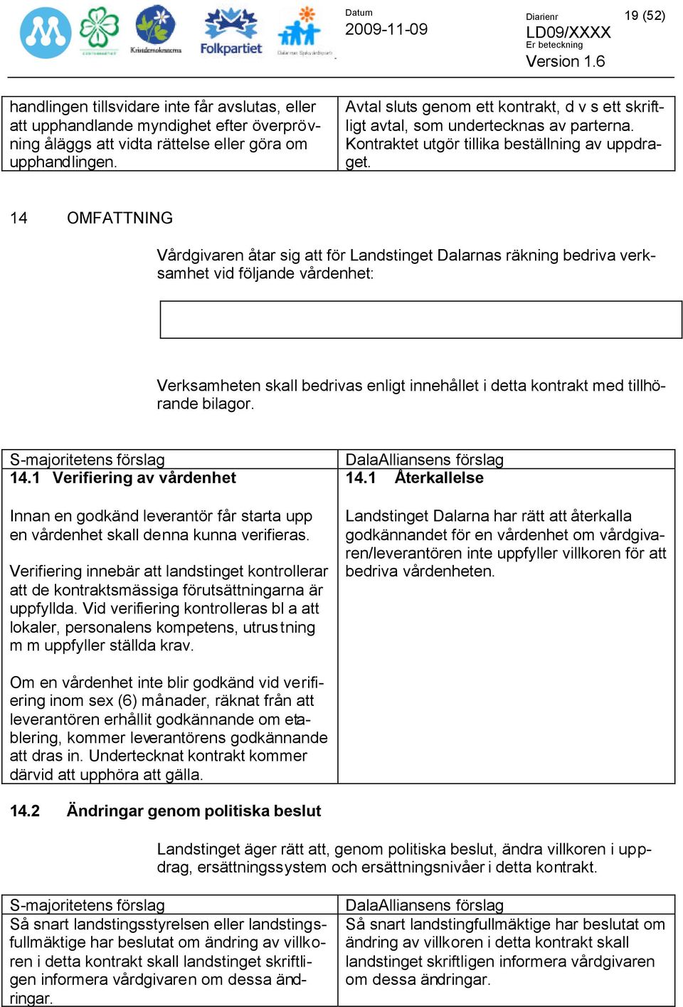 14 OMFATTNING Vårdgivaren åtar sig att för Landstinget Dalarnas räkning bedriva verksamhet vid följande vårdenhet: Verksamheten skall bedrivas enligt innehållet i detta kontrakt med tillhörande