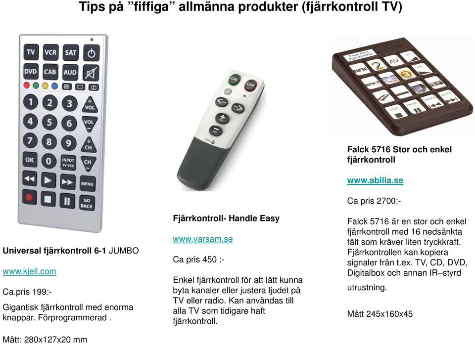 se Ca pris 450 :- Enkel fjärrkontroll för att lätt kunna byta kanaler eller justera ljudet på TV eller radio. Kan användas till alla TV som tidigare haft fjärrkontroll.