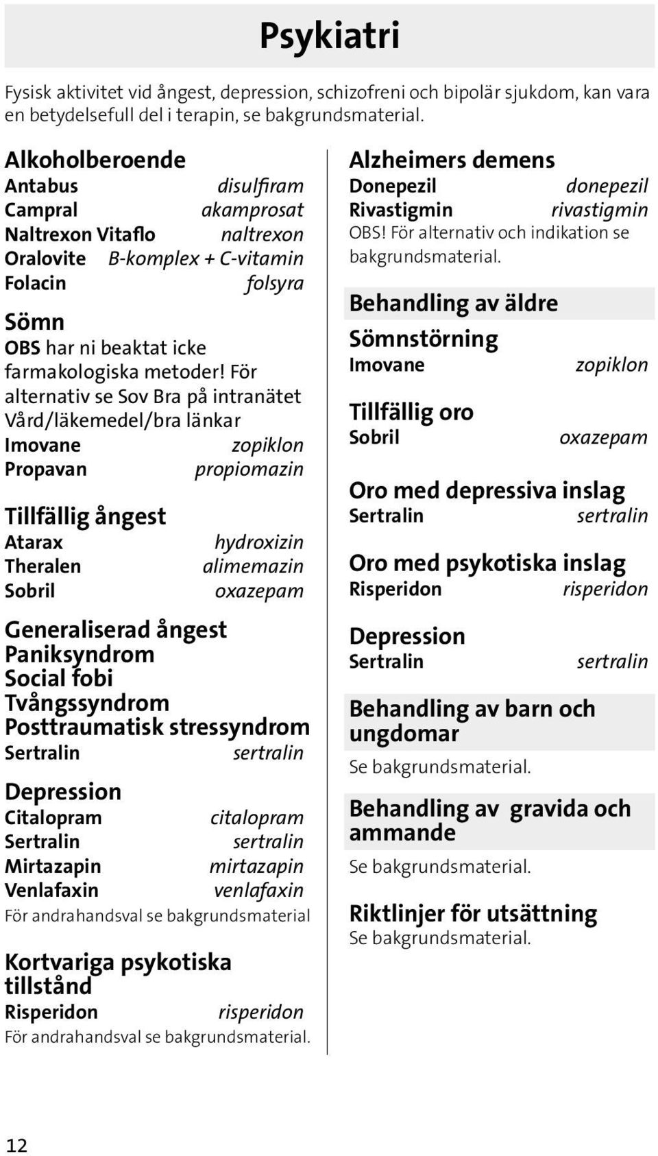 För alternativ se Sov Bra på intranätet Vård/läkemedel/bra länkar Imovane zopiklon Propavan propiomazin Tillfällig ångest Atarax Theralen Sobril hydroxizin alimemazin oxazepam Generaliserad ångest