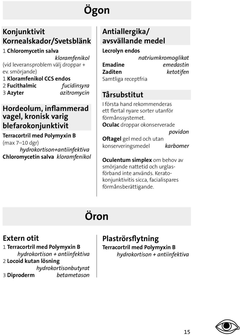 hydrokortison+antiinfektiva Chloromycetin salva kloramfenikol Antiallergika/ avsvällande medel Lecrolyn endos natriumkromoglikat Emadine emedastin Zaditen ketotifen Samtliga receptfria Tårsubstitut I