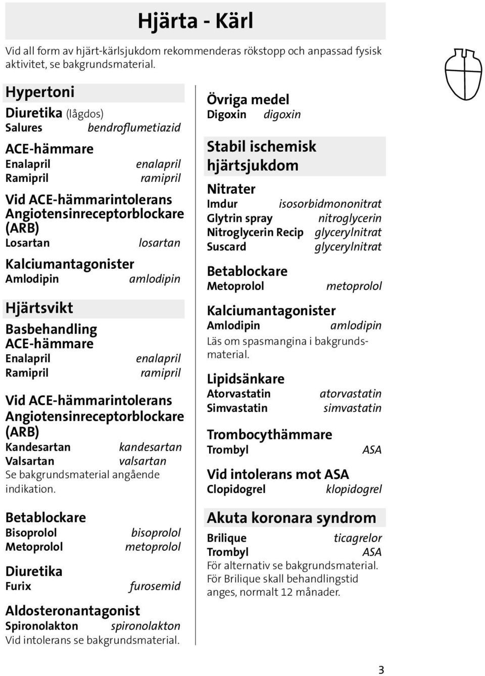 Kalciumantagonister Amlodipin amlodipin Hjärtsvikt Basbehandling ACE-hämmare Enalapril Ramipril enalapril ramipril Vid ACE-hämmarintolerans Angiotensinreceptorblockare (ARB) Kandesartan kandesartan